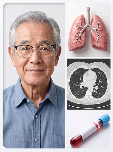 高齢者と肺、CT画像、採血を組み合わせた肺炎診断のイメージ