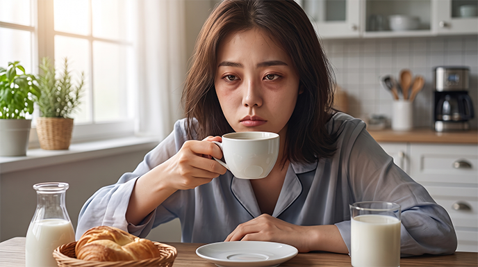 朝起きても疲れが取れず眠そうにしている人