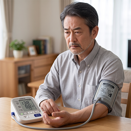 家庭で血圧を測定している男性