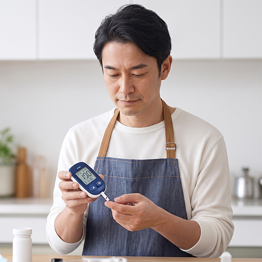 自宅で血糖値を測定している男性