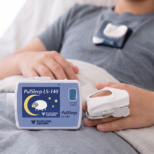 自宅で簡易睡眠検査機器を装着して就寝する様子