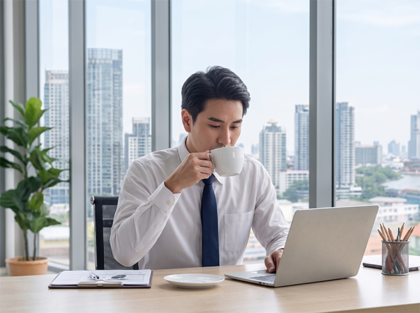 日中の眠気が改善し仕事中に快適に過ごす男性
